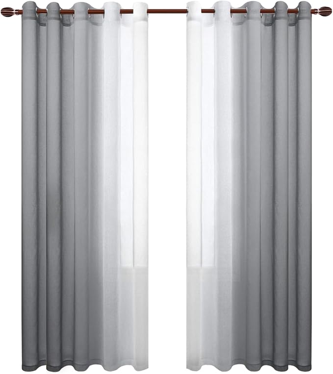 DWCN Grey Ombre Faux Linen Short Sheer Curtains - Extra Wide Gradient Semi Voile Light Filtering Grommet Top Bedroom and Living Room Curtains, 60 x 84 Inches Long, Set of 2 Window Curtain Panels