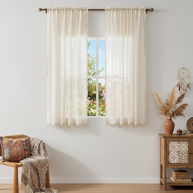 WAZZIO Boho Lace Curtains 2 Panels 54 Inches -Cute Vintage Victorian Sheer Panel Drape French Country Floral Pattern & Tassel Light Filtering Privacy for Bedroom Dining Living Room,Beige,W52x L54