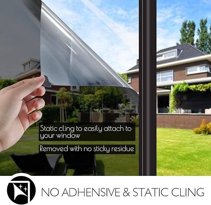 HIDBEA One Way Privacy Window Film, Daytime Mirror Reflective Heat Control UV Sun Blocking Non-Adhesive Static Cling Window Tint for Home and Office (Black-Silver, 35.4 Inch x 16.4 Feet)