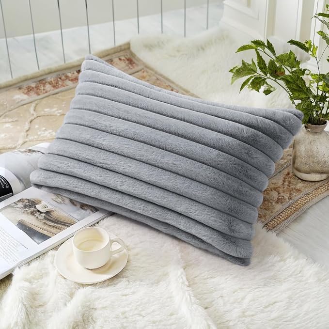 decorUhome Fall Cozy Faux Fur Throw Pillow Covers 12x20 Set of 2 Decorative Soft Plush Striped Lumbar Modern Farmhouse Boho Couch Pillow Cases with Velvet Back for Sofa Bed Living Room, Grey