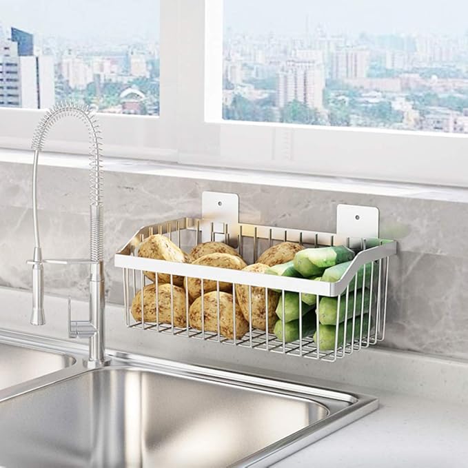 2PCS Kitchen Storage Metal Wire Fruit Basket - SUS304 Stainless steel Organizer Storage Bin Baskets for Bathroom - Space Saving Design for Pantry Organization, Spice Rack,Self Adhesive（Silver）