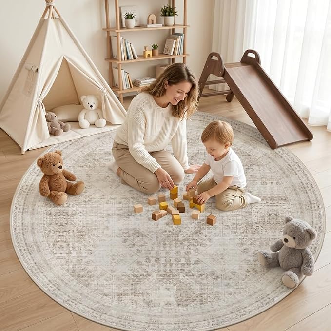 Round Area Rug for Living Room: 8ft Vintage Boho Neutral Washable Circle Rug Soft Large Circular Carpet for Bedroom Nursery Farmhouse Dining Room Office Floor Non-Slip Low Pile Under Table Rug Brown