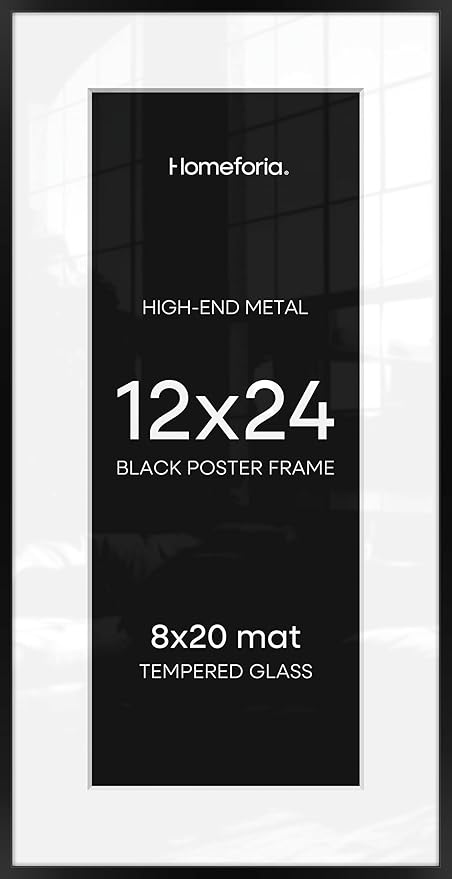 Homeforia 12x24 Picture Frame Black, High End Metal 12x24 Poster Frames with Mat 8x20 for Photo, 12 x 24 Black Frame Matted to 8 by 20 Print, 24x12 Panoramic Frames, Tempered Glass, Wall Kit, Set of 3