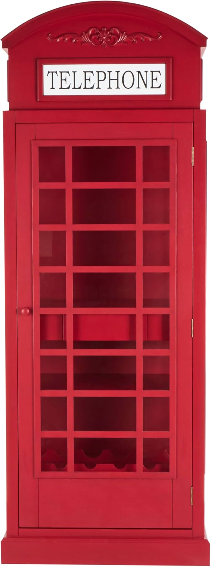 Deco 79 Wooden Telephone Standing Wine Rack Vintage London Booth 2 Shelf and 6 Bottle with Drawer Storage, 26" x 15" x 74", Red