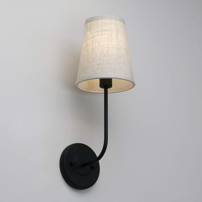 PERMO Classic Rustic Wall Sconce Light Fixture with Flared Funnel Linen Fabric Shade Nightstand Lamps for Living Room Bedrooms Bedside Reading (Black)