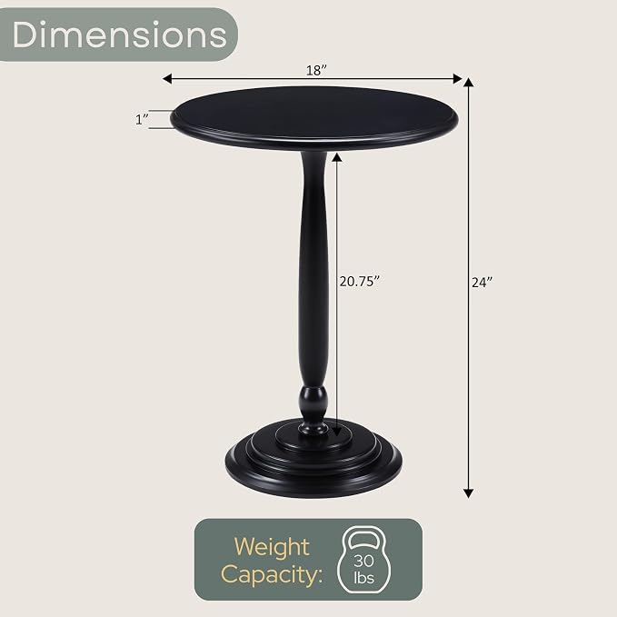 Convenience Concepts Classic Accents Amelia Spindle Table 18" - Traditional Solid Wood Round Side Accent, Display Pedestal for Transitional Living Room, Entryway, Hallway, or Bedroom, Black