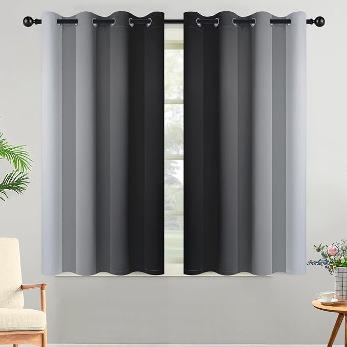Yakamok Ombre Curtains Black and Greyish White for Living Room,52Wx45L | Room Darkening Curtains 45,Thermal Insulated Gradient Color Drape,Light Blocking Grommet Window Curtains for Bedroom,2 Panels