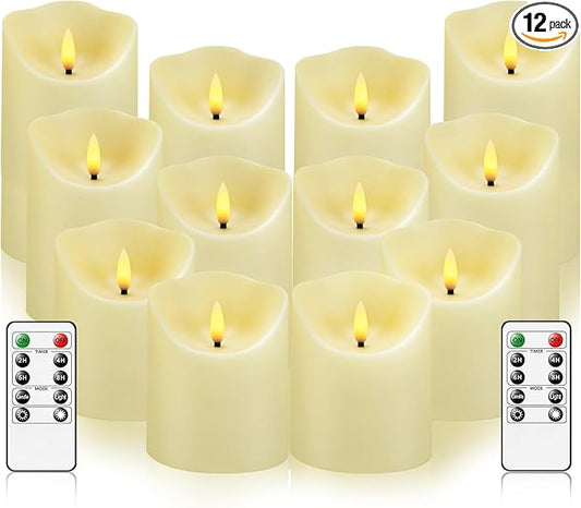 kakoya Flameless LED Candles Battery Operated with Remote and Timer,Flickering Electric Fake Plastic Pillar Candles Set of 12(D3 x H 3" 4" 5") Ivory