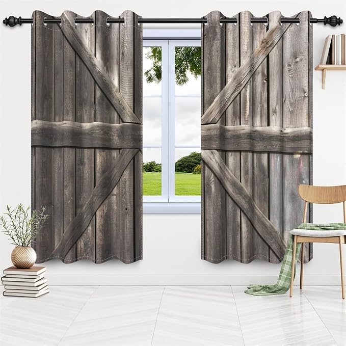 Rustic Barn Door Window Curtains Farmhouse Grey Wooden Door Garage Door Blackout Window Treatment for Living Room Bedroom Rural Farm Style Room Darkening Window Drapes,53x72 inch,2 Panels