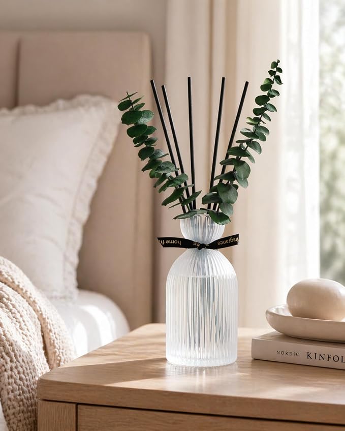 Airkeep Reed Diffuser Set 6.76 oz – White Flower Decorative Home Fragrance with Eucalyptus Sticks, Ribbed Glass Diffuser for Bathroom & Bedroom Décor, Gift Ready