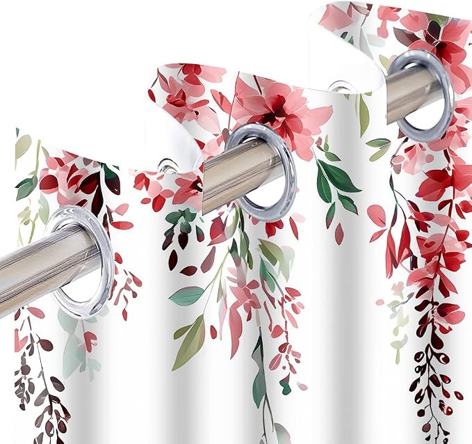 Red Watercolor Floral Curtains, 52x84 inch, 2 Panels | Botanical Leaves Vine Flowers, Rustic Farmhouse, Blackout Window Treatment, For Bedroom Living Room