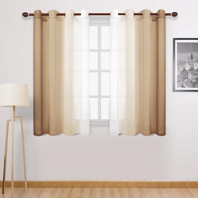DWCN Taupe Faux Linen Ombre Sheer Curtains - Short Curtains Gradient Semi Voile Curtains for Kitchen and Living Room, Set of 2 Grommet Top Window Curtain Panels, W52 x L54 Inches, Taupe