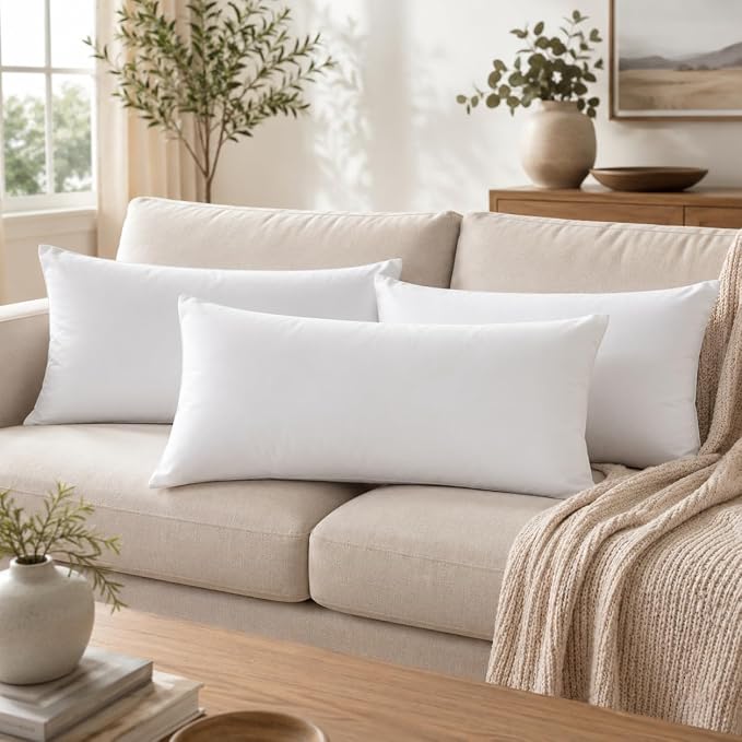 12 x 20 Inch Throw Pillow Inserts – Set of 6 Rectangluar Lumbar Cushions with Polyester Fill for Decorative Pillow Covers