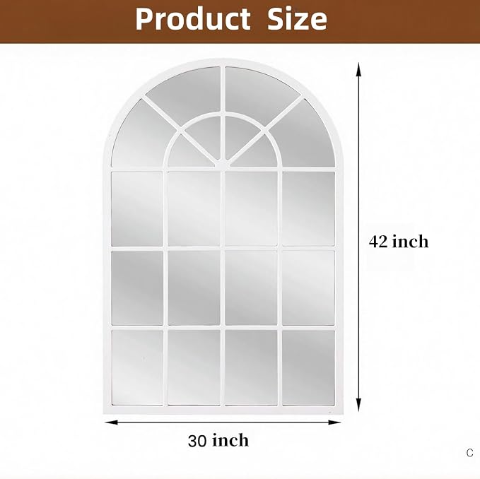 Arch Wall Mirror Mounted Decorative, 30"x42", Arched Window Pane Mirror for Wall-Mounted for Entryway, Bathroom Vanity, Living Room or Bedroom, Iron Frame, White