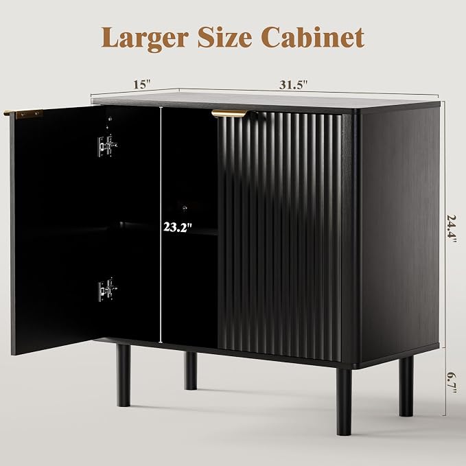 IKALIFE Sideboard Buffet Cabinet with Storage, Modern Fluted Accent Credenza with Doors & Adjustable Shelves, Wood Coffee Bar Console Table for Living Room, Dining Room, Kitchen Entryway 31.5" Black