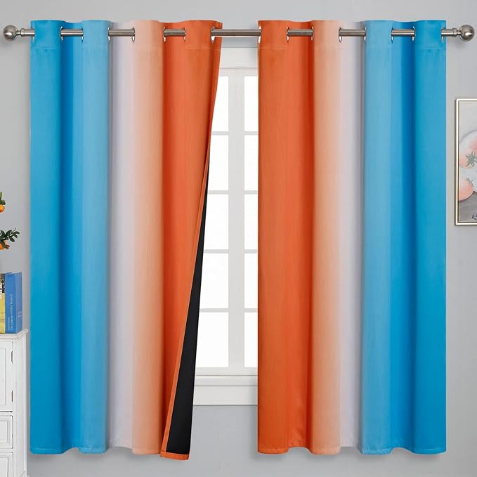 Estelar Textiler Ombre Orange and Blue Curtains 63 Inch Length 2 Panels, Total Blackout Curtains for Bedroom, Grommet Thermal Insulated Gradient Drapes, Full Light Blocking for Boys Room, 52x63 Inch