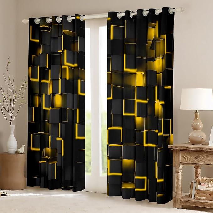 Feelyou Yellow and Black Darkening Drapes (2 Panels, 52 x 84 Inch) Light Geometric Curtains for Bedroom Living Room Girls Decor Blackout Curtains Modern Style Window Treatments