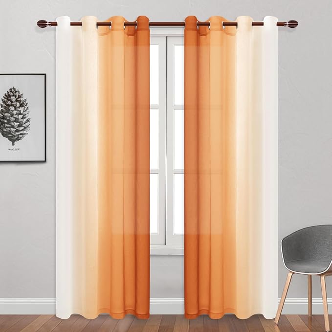 DWCN Ombre Faux Linen Sheer Curtains - Extra Long Gradient Semi Voile Light Filtering Grommet Top Bedroom and Living Room Curtains, 52 x 102 Inches Long, 2 Panels, Sunset Orange