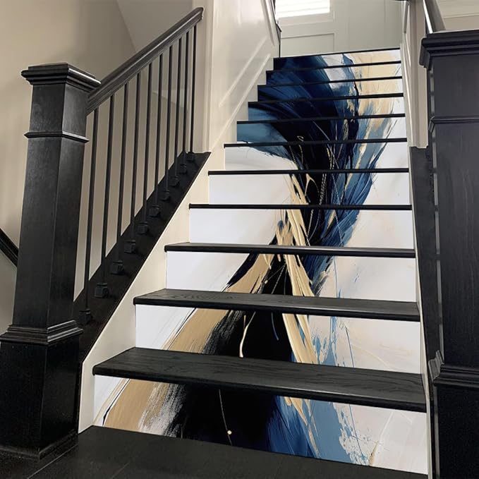REDAMANCY Abstract White Sea Blue Gold Mosaic Oil Painting Peel and Stick Vinyl Stair Riser Decals Staircase Tile Stickers Decor Modern Marble Decoration Self-Adhesive(14 Pcs)