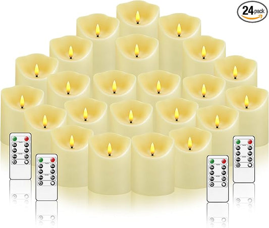 kakoya Flameless LED Candles Battery Operated with Remote and Timer,Flickering Electric Fake Plastic Pillar Candles Set of 24(D3 x H 3" 4" 5") Ivory