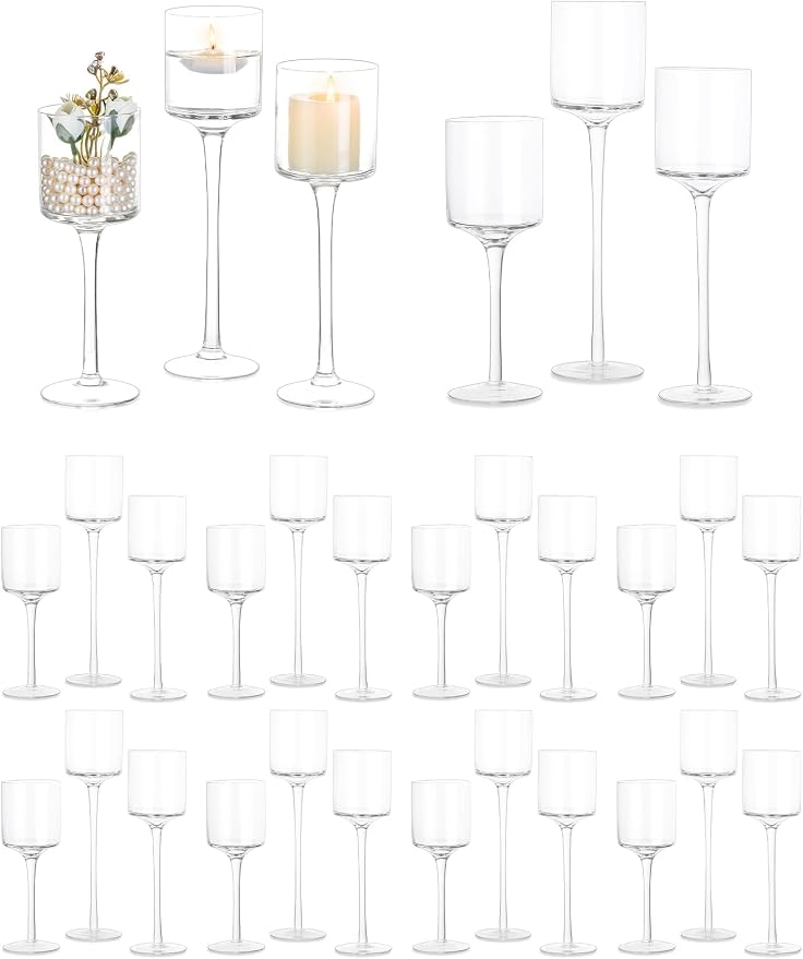 Glass Candle Holder for Table Centerpiece - Tall Tea Lights, Elegant Clear Long Stem for Pillar and Floating Candles - Wedding, Party, Home Decor Set of 30