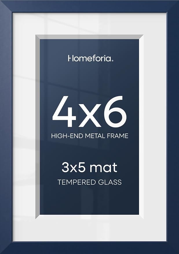 Homeforia Navy Blue 4x6 Picture Frame, High End Metal 4 x 6 Frames with Mat 3 x 5 for Print, 4by6 Desk Frame Matted to 3x5 inch Photo, 4 by 6 Wall or Tabletop Frame, Tempered Glass, Wall Kit, Set of 1