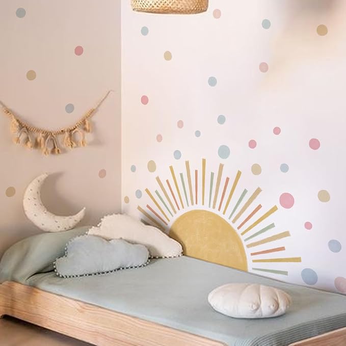 Vibrant Large Half Sun Wall Decals Peel and Stick, Self Adhesive Colorful Polka Dots Wall Sticker, Wall Art Decor Sunrise Wall Stickers for Girls Bedroom Playroom Nursery Room