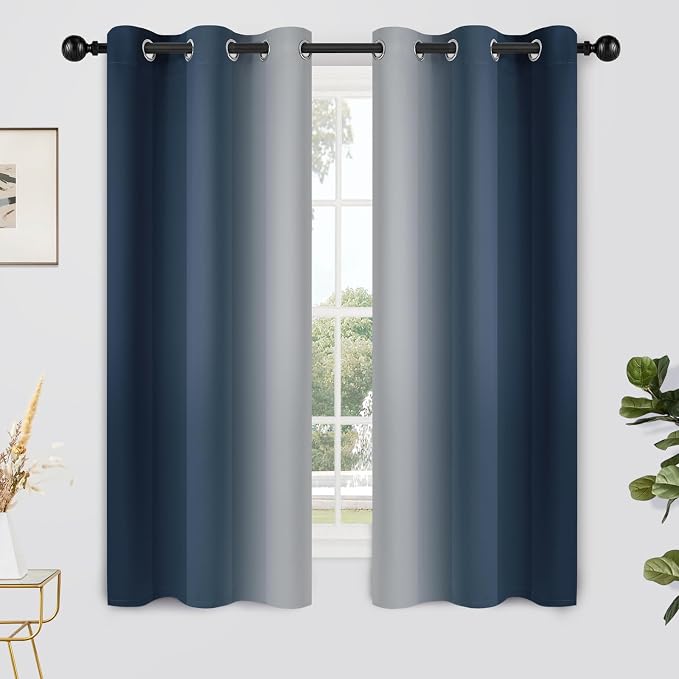 Yakamok Ombre Curtains Navy Blue and Greyish White for Living Room,42Wx63L | Room Darkening Curtains 63,Thermal Insulated Gradient Color Drape,Light Blocking Grommet Window Curtains for Bedroom,2 Panels