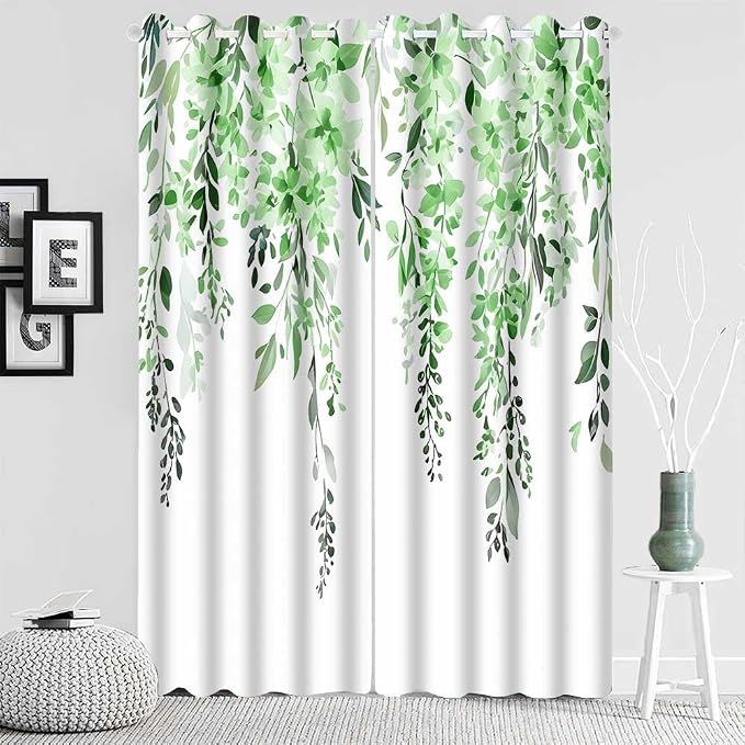 Green Watercolor Floral Curtains, 42x84 inch, 2 Panels | Botanical Leaves Vine Flowers, Rustic Farmhouse, Blackout Window Treatment, For Bedroom Living Room
