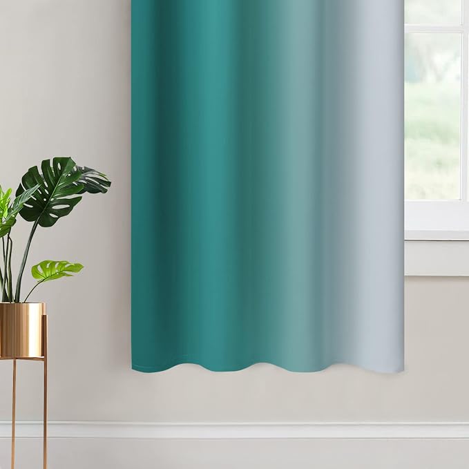 Yakamok Ombre Curtains Teal and Greyish White for Living Room,52Wx63L | Room Darkening Curtains 63,Thermal Insulated Gradient Color Drape,Light Blocking Grommet Window Curtains for Bedroom,2 Panels