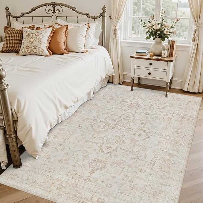 5x7 Area Rugs for Living Room: Vintage Boho Neutral Washable Rug Indoor Soft Large Area Rug Carpet for Bedroom Nursery Farmhouse Dining Room Office Floor Non-Slip Low Pile Under Table Rug Warm Beige