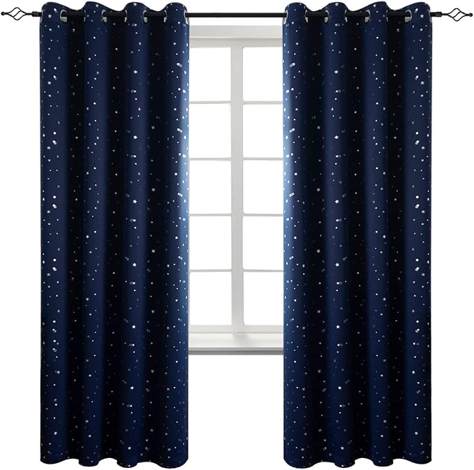 BGment Kids Blackout Curtains for Bedroom - Grommet Thermal Insulated Silver Star Print Room Darkening Curtains for Living Room, Set of 2 Panels (52 x 72 Inch, Navy Blue)