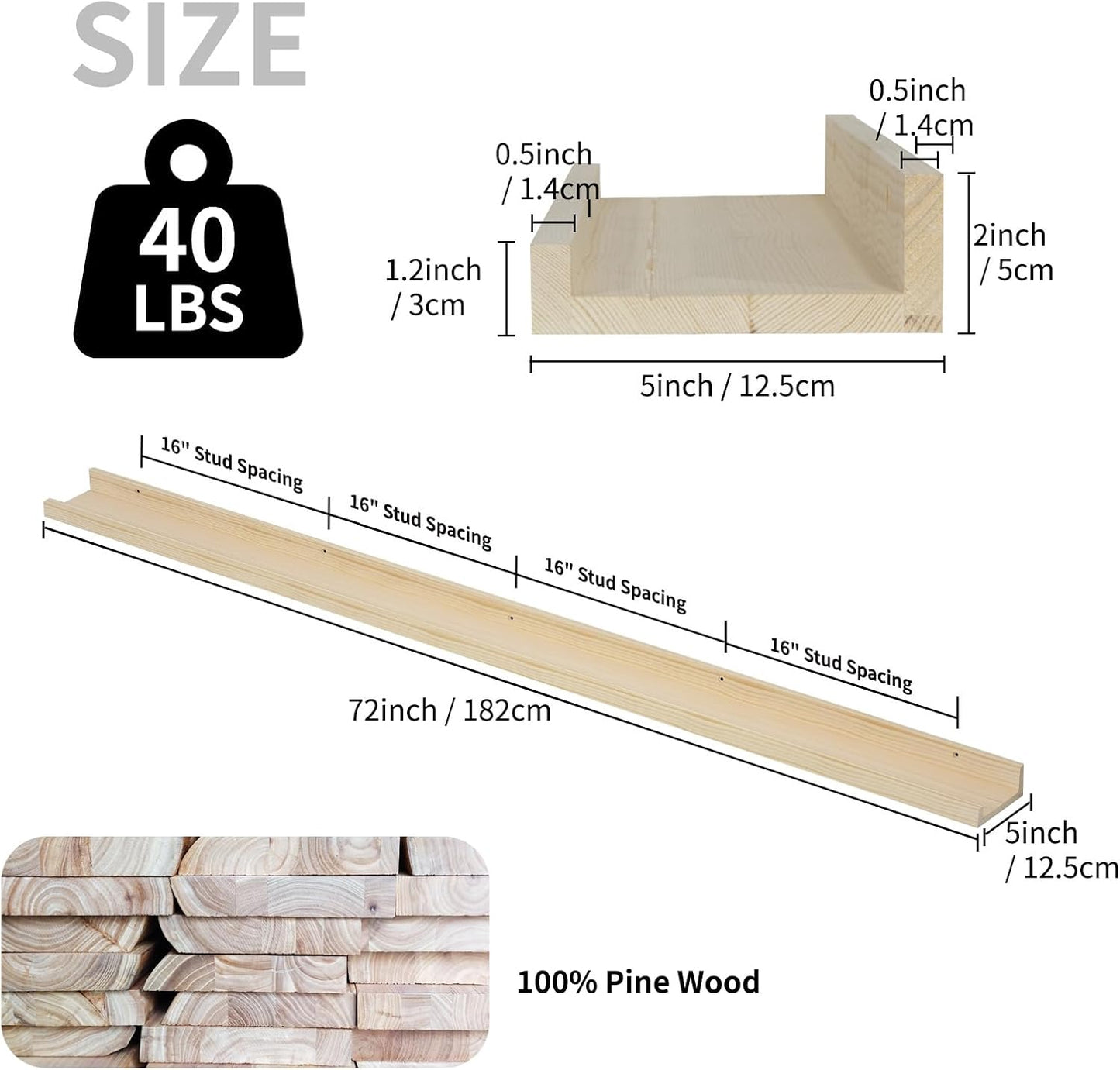 SAUMONIERES Picture Ledge Shelf Floating Book Shelves Set of 2 Wall Mounted Solid Wood for Bedroom Bathroom Living Room Kitchen, 72 Inch Natural