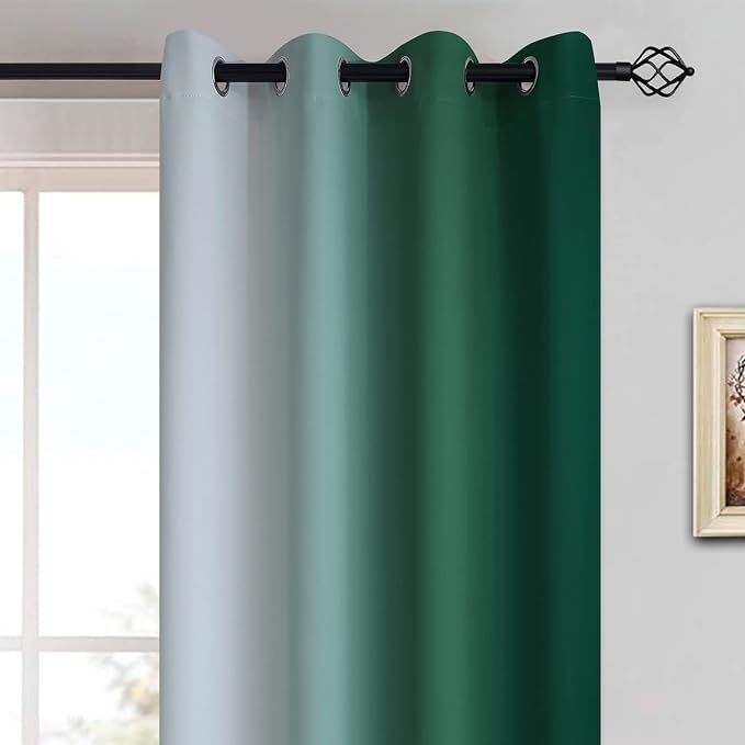 Yakamok Ombre Curtains Dark Green and Greyish White for Living Room,52Wx63L | Room Darkening Curtains 63,Thermal Insulated Gradient Color Drape,Light Blocking Grommet Window Curtains for Bedroom,2 Panels