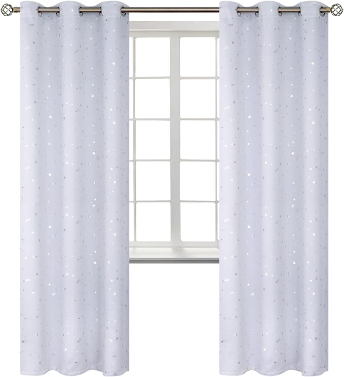 BGment Kids Room Curtains for Bedroom - Grommet Thermal Insulated Silver Star Print Room Darkening Curtains for Living Room, Set of 2 Panels, 42 x 84 Inch, Greyish White