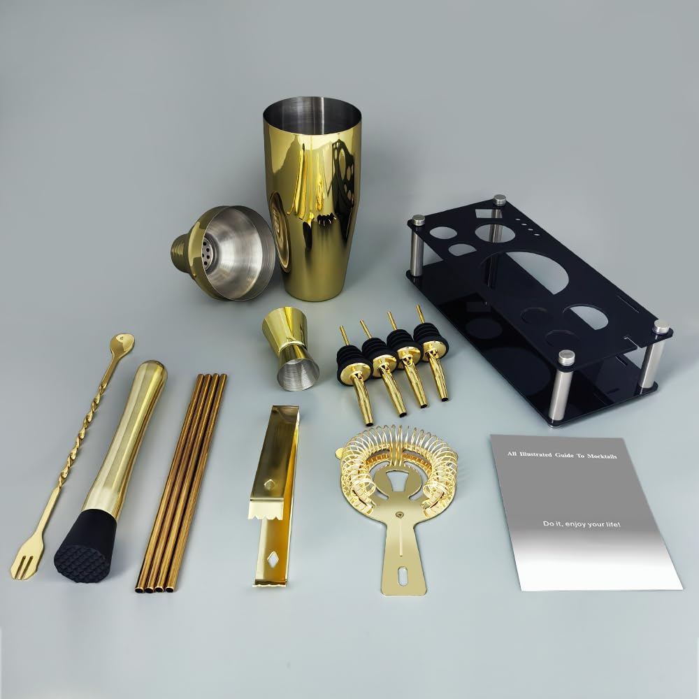 14-Piece Cocktail Shaker Set Bartender Kit with Black Stand, Bar Tool Set for Drink Mixing Bartending Kit Bar Sets Accessories: 750ml(25oz) Shaker, Jigger, Muddler, Cocktail Recipes (Gold)