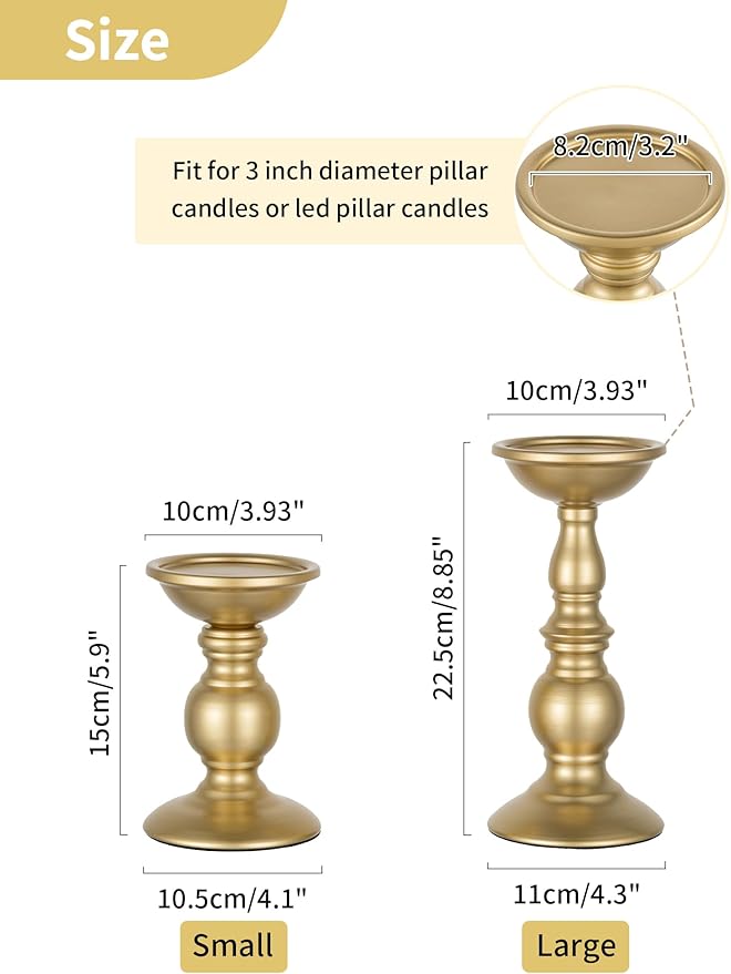 Set of 2 Gold Candlestick Metal Pillar Candle Holders, Flameless Candlestick Holders Stand Centerpieces Decoration Ideal for Weddings, Special Events, Parties