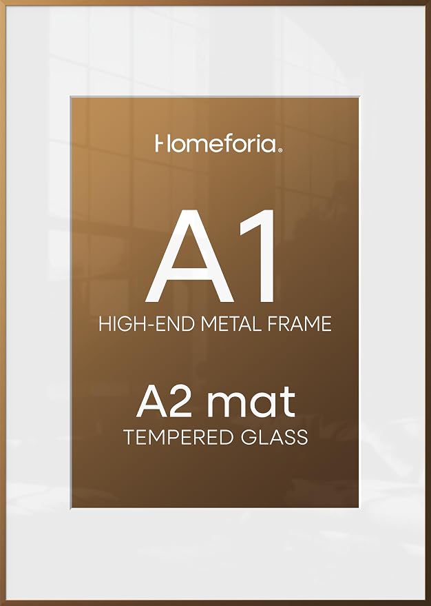 Homeforia A1 Poster Frame Bronze, High End Metal 23.4 x 33.1 inch Large Picture Frames with Mat for 16.5 x 23.4 Photo, A1 Size Brass Frame Matted to A2 Print, 23.4x33.1 Frame, Tempered Glass, Set of 1