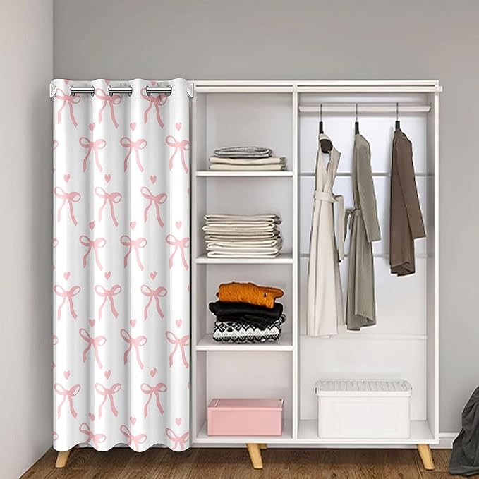Feelyou Girl Cute Pink Bowknot Closet Door Cover Curtain for Bedroom Living Room Set Pink Love Heart Print Door Curtain for Doorway Privacy Dreamy Princess Style Room Blackout Curtain 1 Panel, 34"x80"