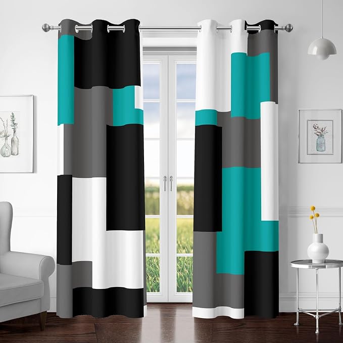 Tyrot Teal/Turquoise 100% Blackout Curtains for Bedroom 96 inch Length 2 Panels Set White Grey Modern Abstract Geometric Black Out Curtains Room Darkening Window Drapes for Living Room, 42Wx96L
