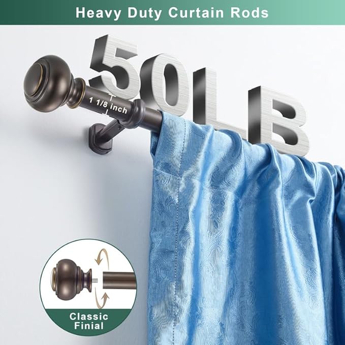 1 1/8 Inch Heavy Duty Curtain Rods, Extra Long Curtain Rod for Window 144-240 Inch(12-20ft), Telescoping Drapery Rods with Classic Finials and Adjustable Aluminum Alloy Brackets, Antique Brown