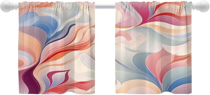 Shrahala Colorful Waves Blackout Curtain Tiers, Fluid Abstract Pattern Kitchen Valance Light Blocking Tier Drapes with Rod Pocket, 2 Pack 26 X 24 in