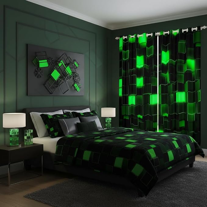 Castle Fairy 3D Green Block Window Curtain | Video Games Window Drapes for Girls Bedroom Decor,Miners Gaming Blackout Curtains Pixel Geometric Grid Living Room Top 2 Panels,42Wx84L