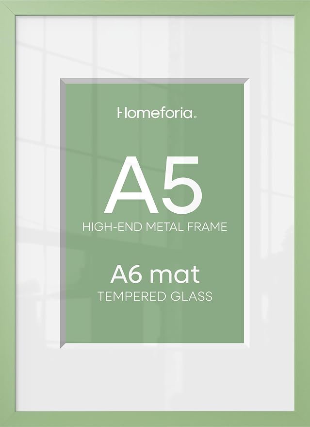 Homeforia A5 Sage Green Frame, High End Metal 5.8 x 8.3 Picture Frames Matted to 4.1 by 5.8 inch Art, A5 Display Photo Frame with Mat A6, 5.8x8.3 Green Poster Frames, Tempered Glass, Wall Kit, Set of 1
