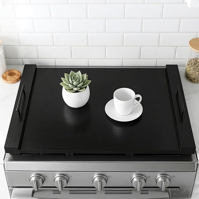 Black Stove Top Cover for Gas & Electric Range | 30"x22" Wooden Noodle Board with Handles | Multi-Layered Wood Kitchen Space Saver