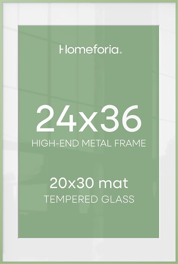 Homeforia 24x36 Sage Green Picture Frame, High End Metal 24x36 Large Poster Frames with Mat 20x30 inch Photo, 24 x 36 Thin Frame Matted to 20 x 30 Art, 36x24 Frames, Tempered Glass, Wall Kit, Set of 2