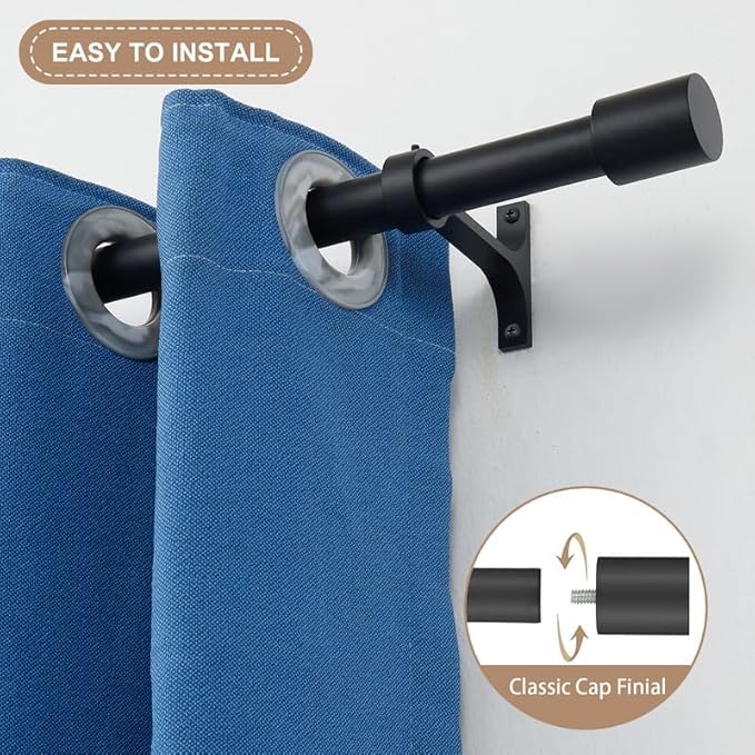 2 Pack Matte Black Curtain Rods for Window 36-72", Decorative Curtain Rods with Cap Finials, Adjustable 1-Inch Thicken Single Curtain Rods Telescoping Drapery Rods
