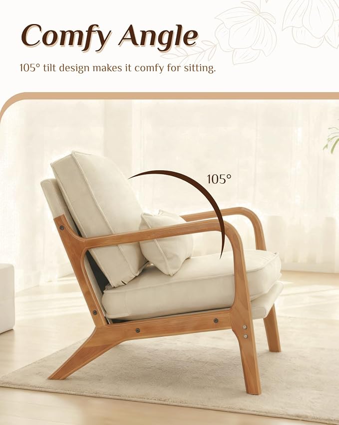 Karl home Accent Chair Mid-Century Modern Chair with Pillow Linen Fabric Upholstered Lounge Arm Chair with Solid Wood Frame & Soft Cushion for Living Room, Bedroom, Balcony, Beige