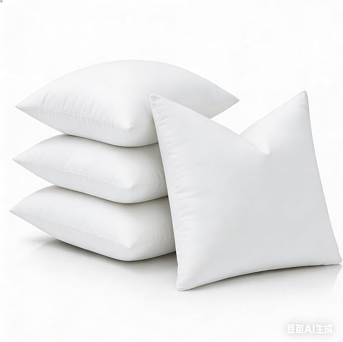 Oubonun 18 x 18 Down Feather Pillow Inserts - Fluffy and Plush Odor-Free Fill - 100% Breathable Cotton Fabric for Couch Sofa Bed, White, Pack of 4