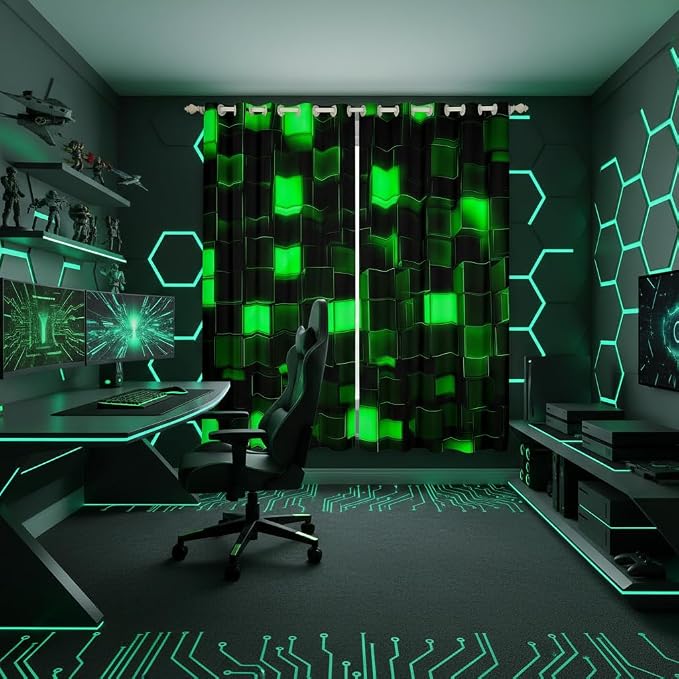 Castle Fairy 3D Green Block Window Curtain | Video Games Window Drapes for Girls Bedroom Decor,Miners Gaming Blackout Curtains Pixel Geometric Grid Living Room Top 2 Panels,42Wx84L
